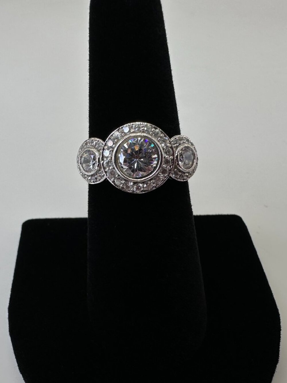 925 Sterling Silver CZ Triple Halo Three Stone Ring Size 7.25